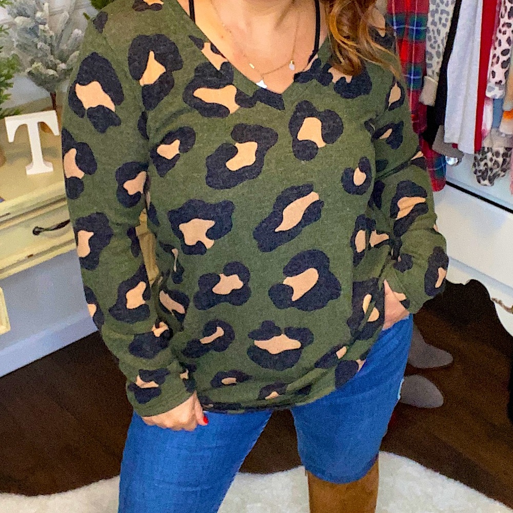 Long sleeve olive color leopard shirt